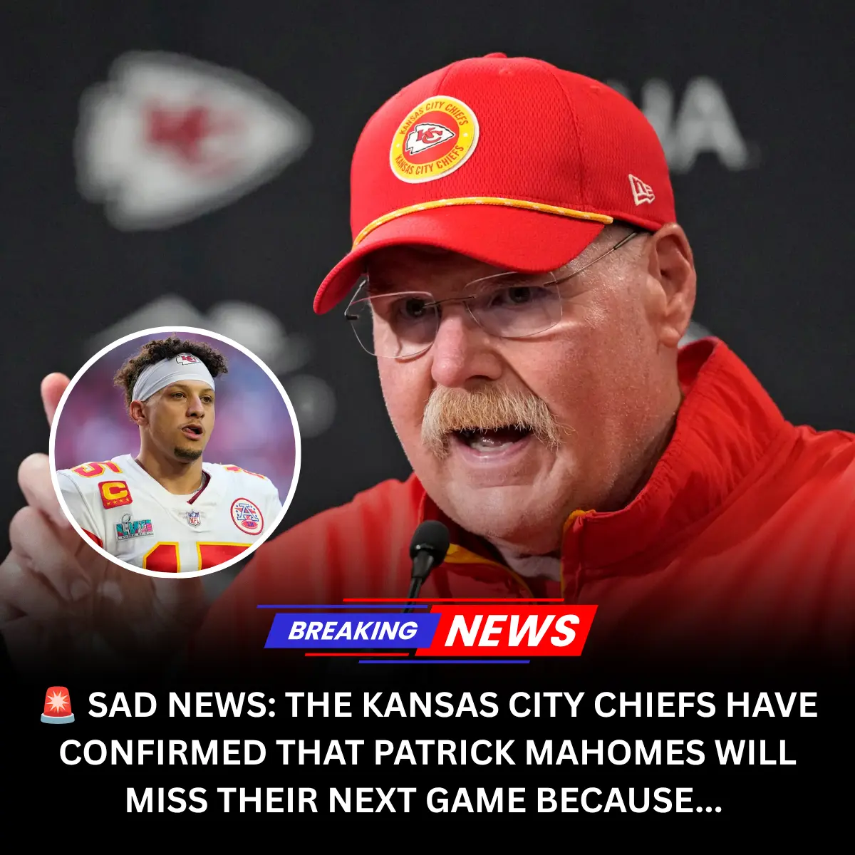 🚨 SAD NEWS: THE KANSAS CITY CHIEFS HAVE CONFIRMED THAT PATRICK MAHOMES WILL MISS THEIR NEXT GAME BE