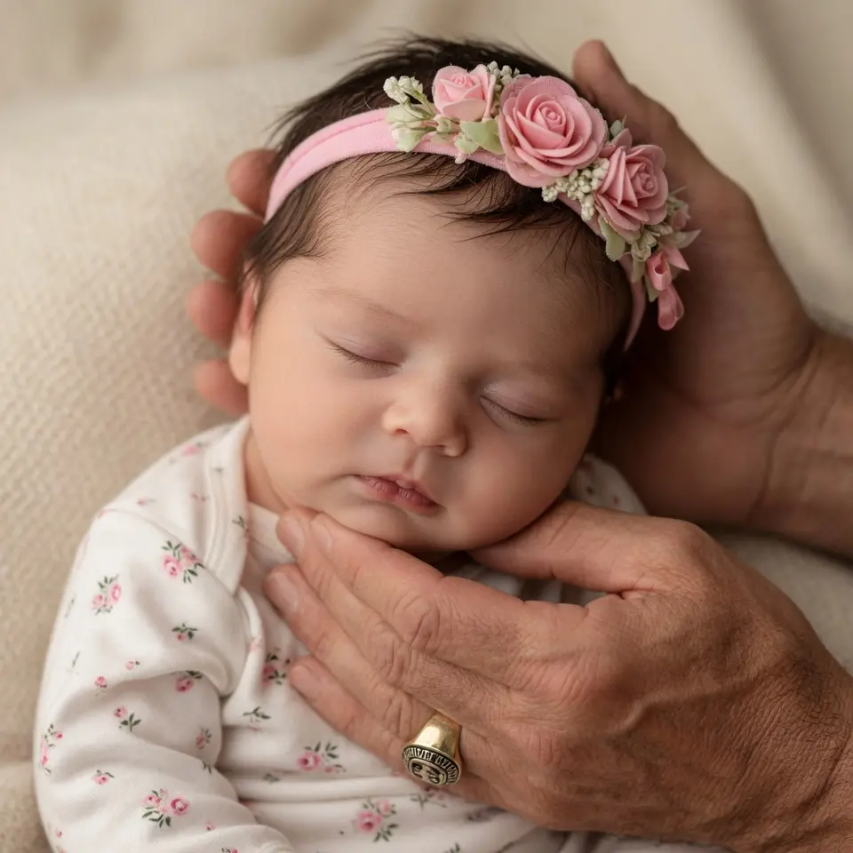 Extreme close-up of a peacefully sleeping newborn baby girl with dark hair and delicate skin, wearing a pink floral headband and white onesie with small flower prints, Jerry Jones’ gentle hands cradling her chin and neck, soft warm lighting, newborn photography style, highly detailed, photorealistic, emotional, 8k --stylize 150 --ar 2:3