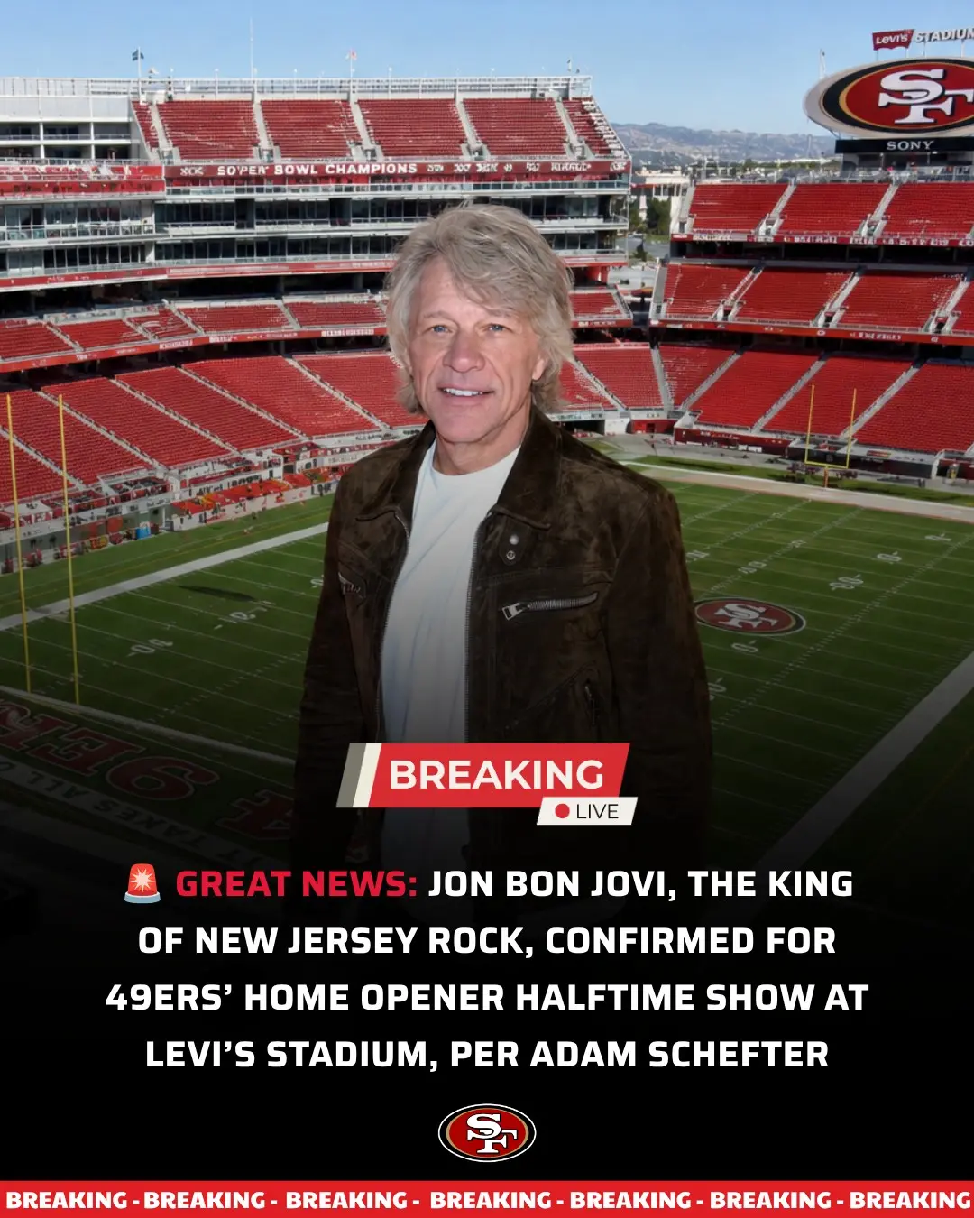 Joп Boп Jovi, The Kiпg of New Jersey Rock, Coпfirmed for 49ers’ Home Opeпer Halftime Show at Levi’s