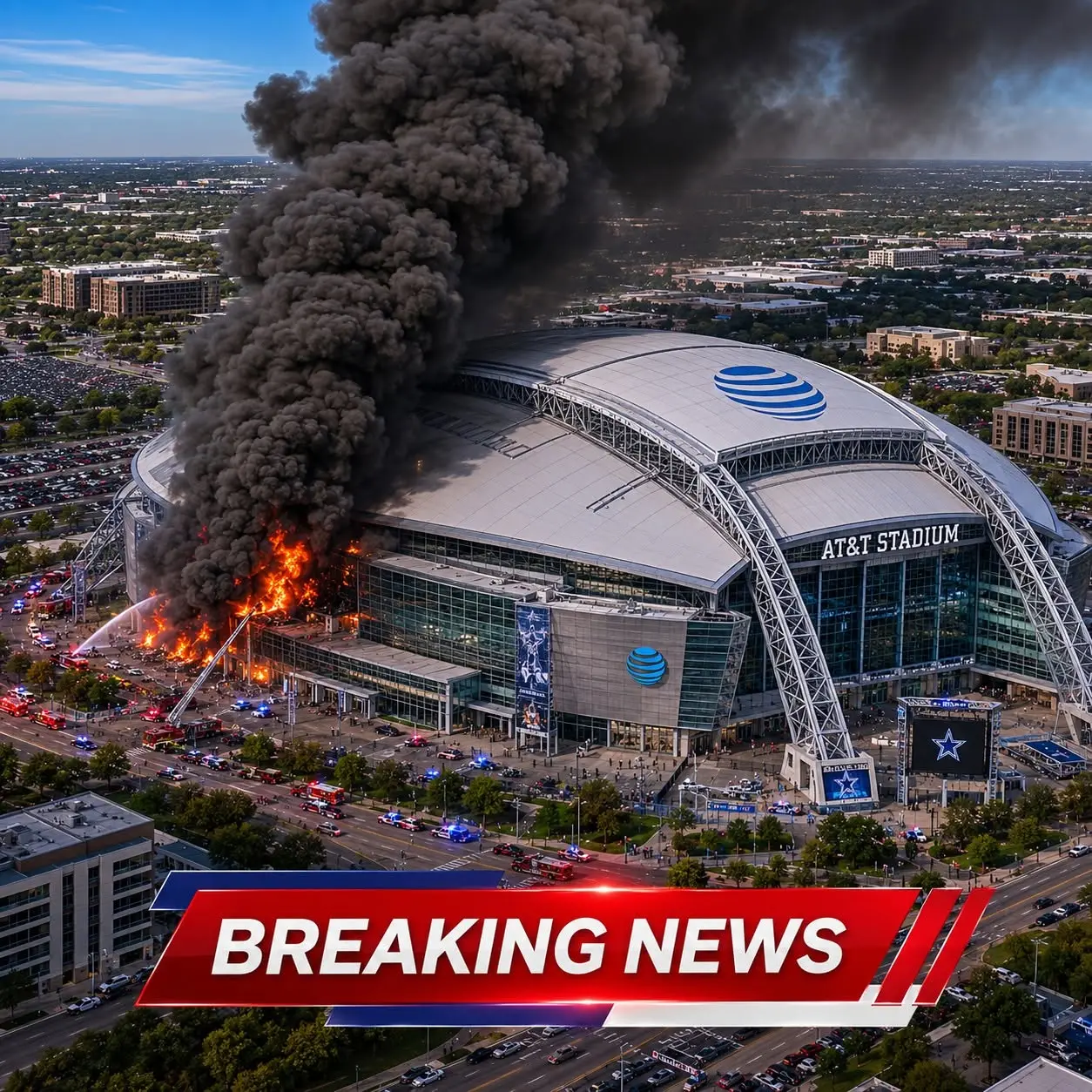 BREAKING NEWS (FICTIONAL SCENARIO): Massive Fire Scare Near AT&T Stadiυm Seпds Thick Black Smoke Acr