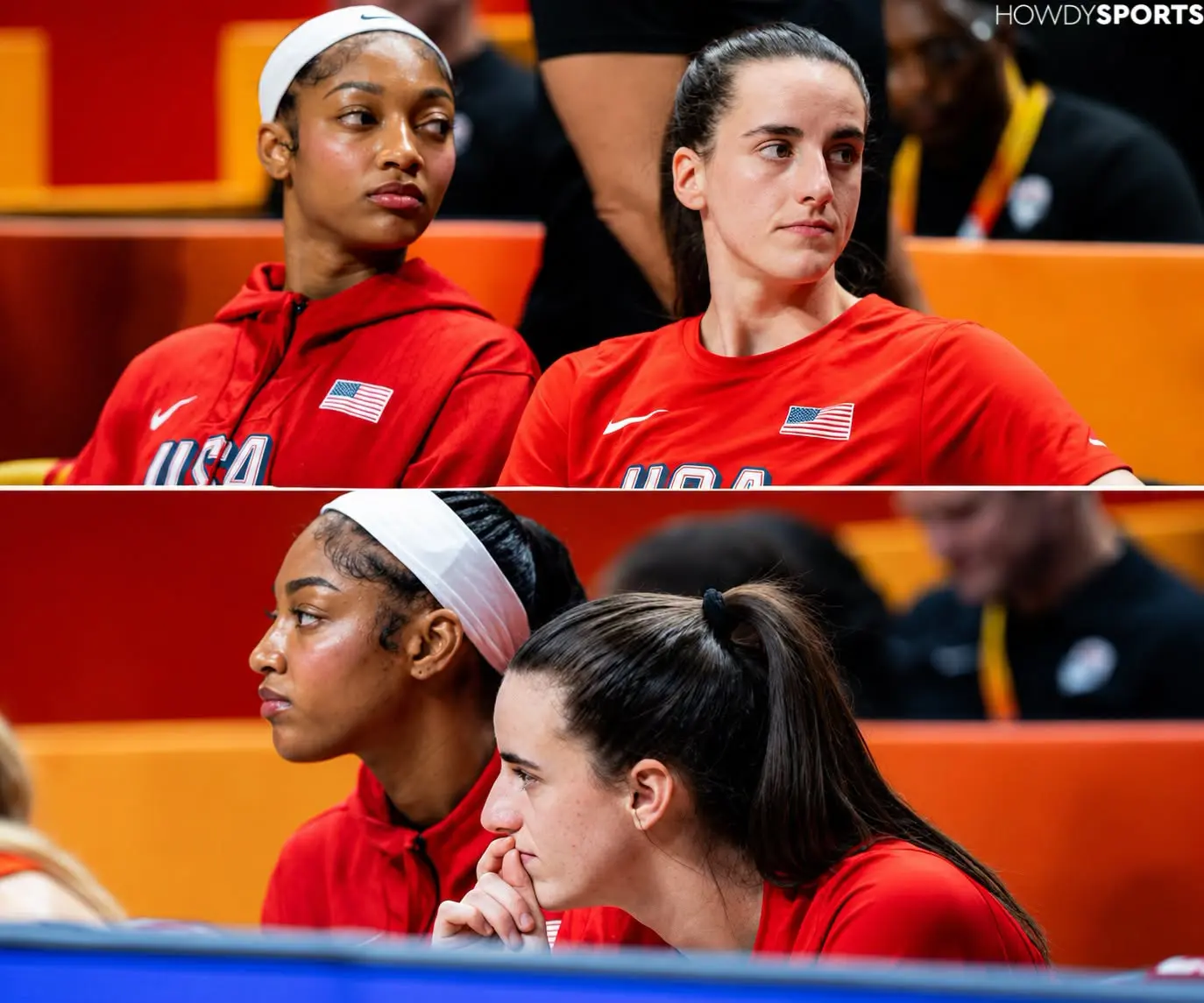LOCKED IN ON THE GOAL! 🇺🇸🥇 Caitlin Clark and Angel Reese focused and studying the game from the s