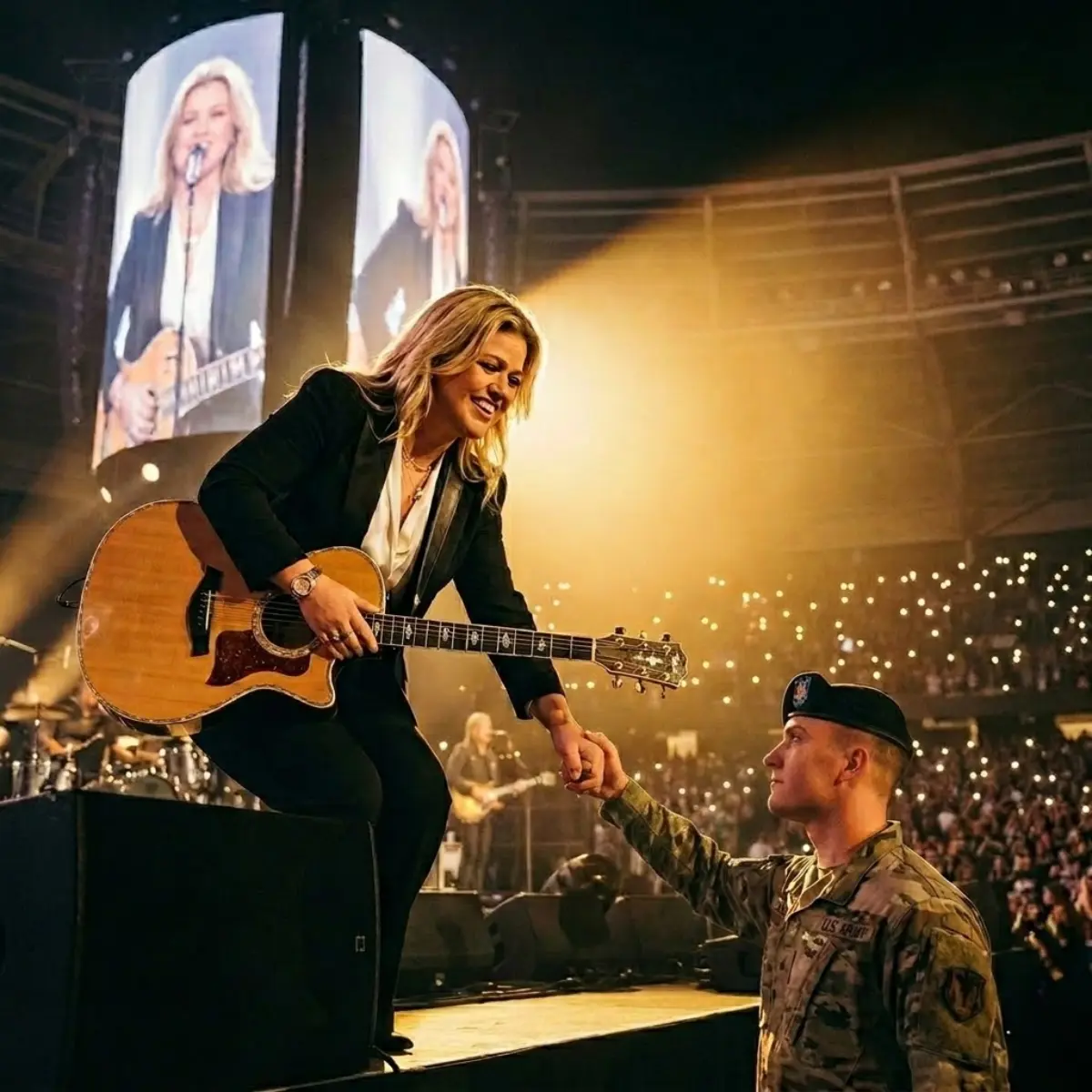 A YOUNG SOLDIER RAISED HIS HAND IN SALUTE. KELLY CLARKSON DID SOMETHING THAT WAS NEVER IN THE SCRIPT