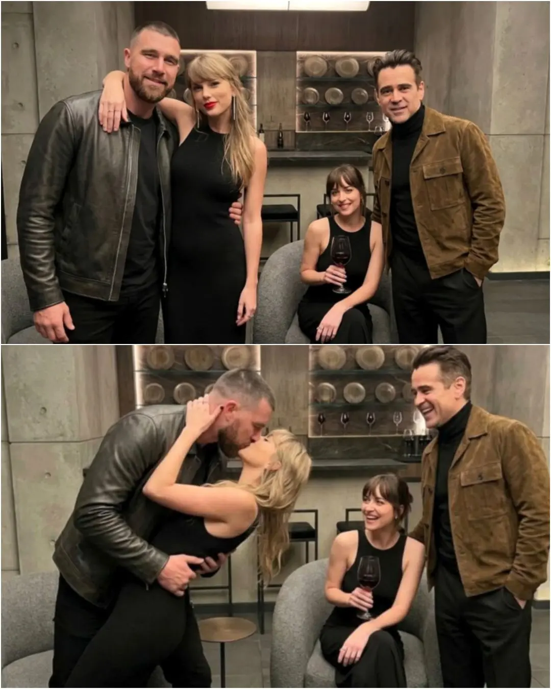 Travis Kelce Poses With Wife Taylor Swift, Dakota Johnson, and Colin Farrell on the Set of Taylor’s 